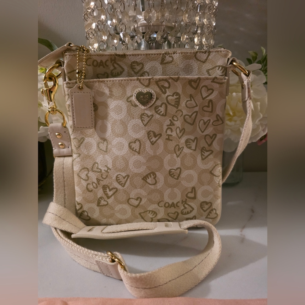 Coach Cream Crossbody Bag with Heart Motif